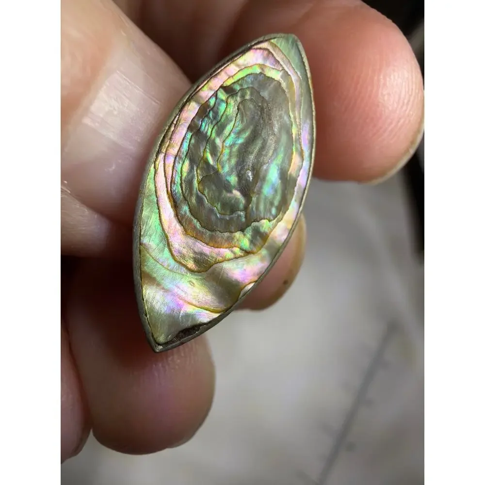 Vintage Abalone Shell Marquise Brooch Pin Sterling Silver Mother of Pearl MOP